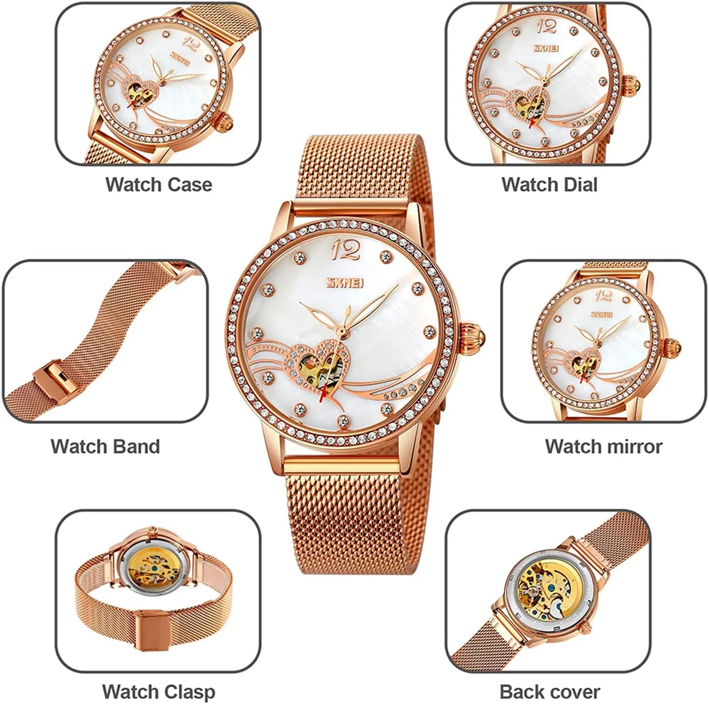 FANMIS Luxury Women Diamond Automatic Watches Luminous Waterproof Rose Gold Steel Mesh Band Mechanical Wtches