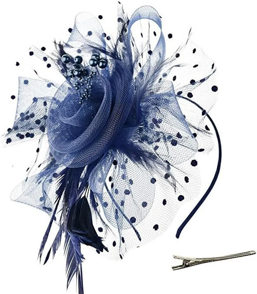 Fascinators for Women Tea Party Headband Hats Cocktail Flower Mesh Feathers Headwear Hair Clip for (Navy, One Size)