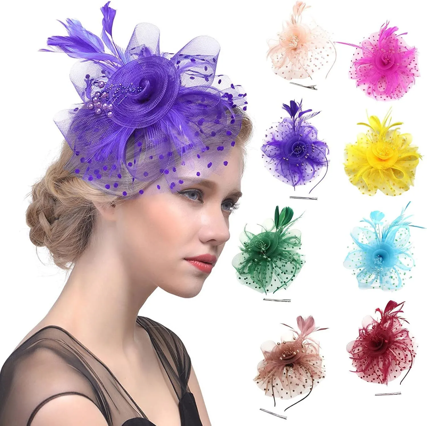 Fascinators Hat Women Tea Party Headband Flower Cocktail Mesh Feathers Hair Clip Wedding Party (Yellow, One Size)