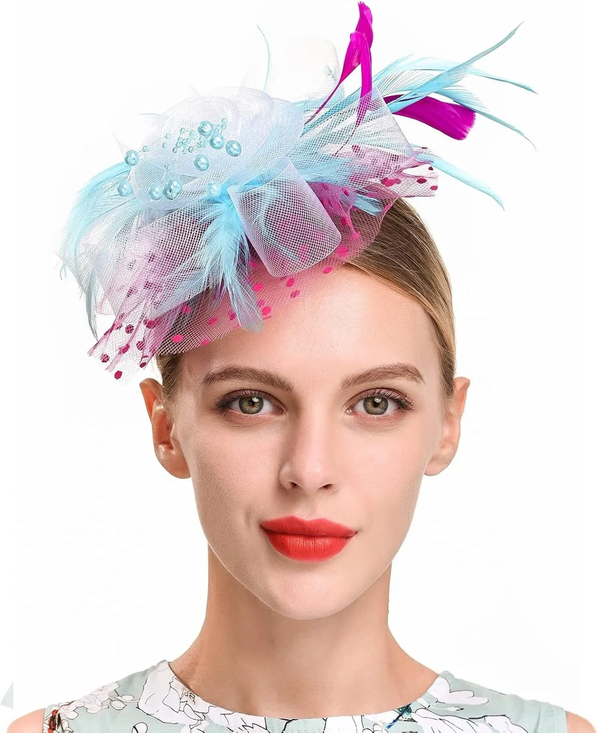 Fascinators Hats Flower Headwear Ribbons for Women Tea Party Cocktail Wedding Feathers Hair Clip (Sky Blue, One Size)