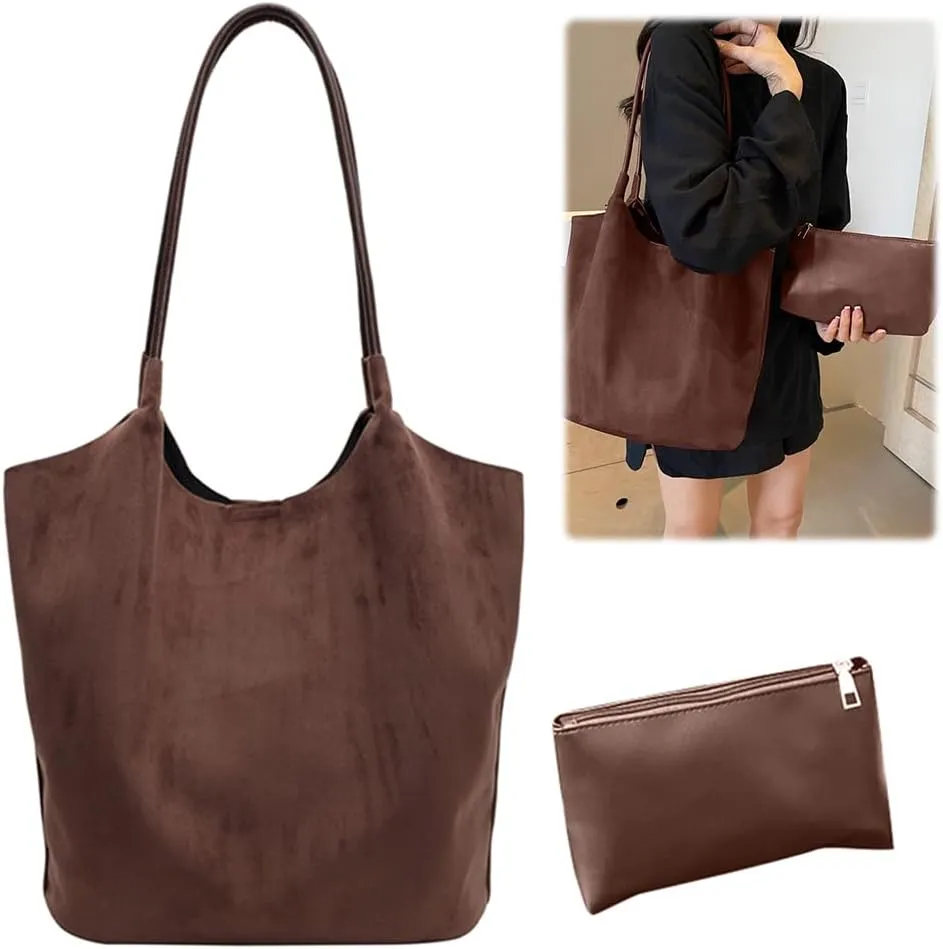 Faux Suede Hobo Bag for Women Work Bags Suede Purse Slouchy Tote Bag Solid Top-handle Bag for Work Travel 2pcs