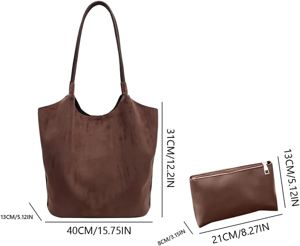Faux Suede Hobo Bag for Women Work Bags Suede Purse Slouchy Tote Bag Solid Top-handle Bag for Work Travel 2pcs