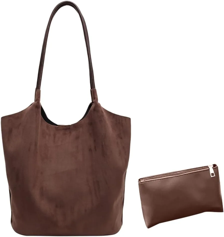 Faux Suede Hobo Bag for Women Work Bags Suede Purse Slouchy Tote Bag Solid Top-handle Bag for Work Travel 2pcs