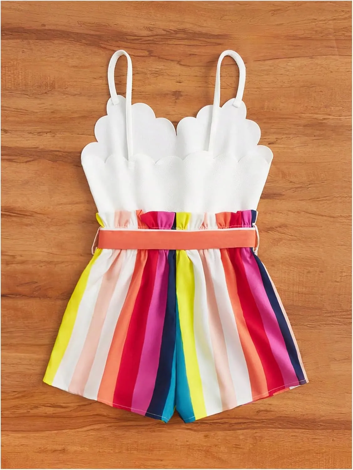 Floerns Girl's Cute Striped Scallop Trim Shorts Romper Belted Sleeveless Cami Jumpsuit