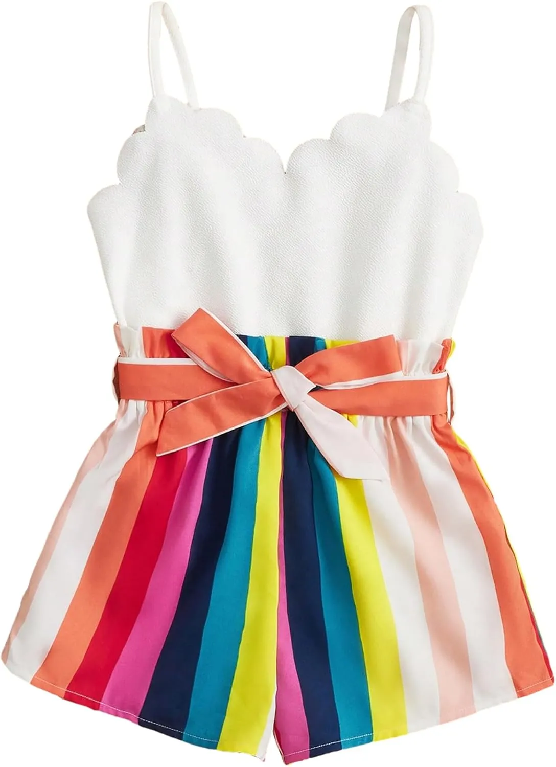 Floerns Girl's Cute Striped Scallop Trim Shorts Romper Belted Sleeveless Cami Jumpsuit