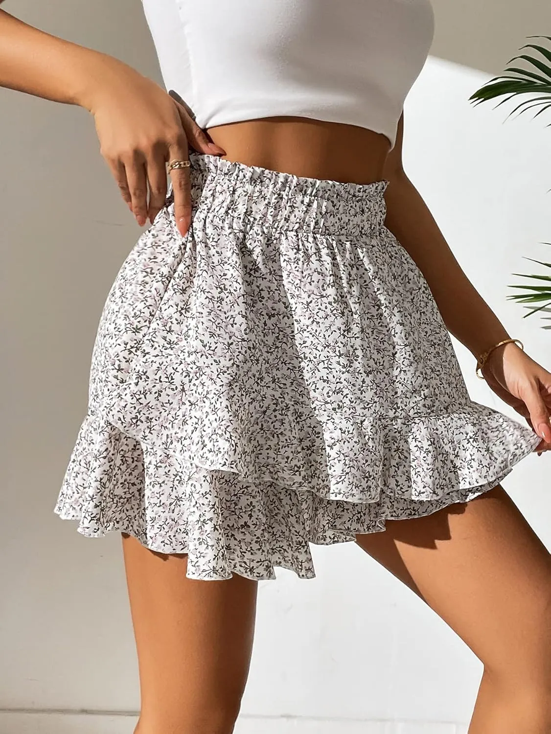 Floerns Women's Boho Ruffle Hem Skort Tiered Layer Paperbag Waist Skirt Shorts