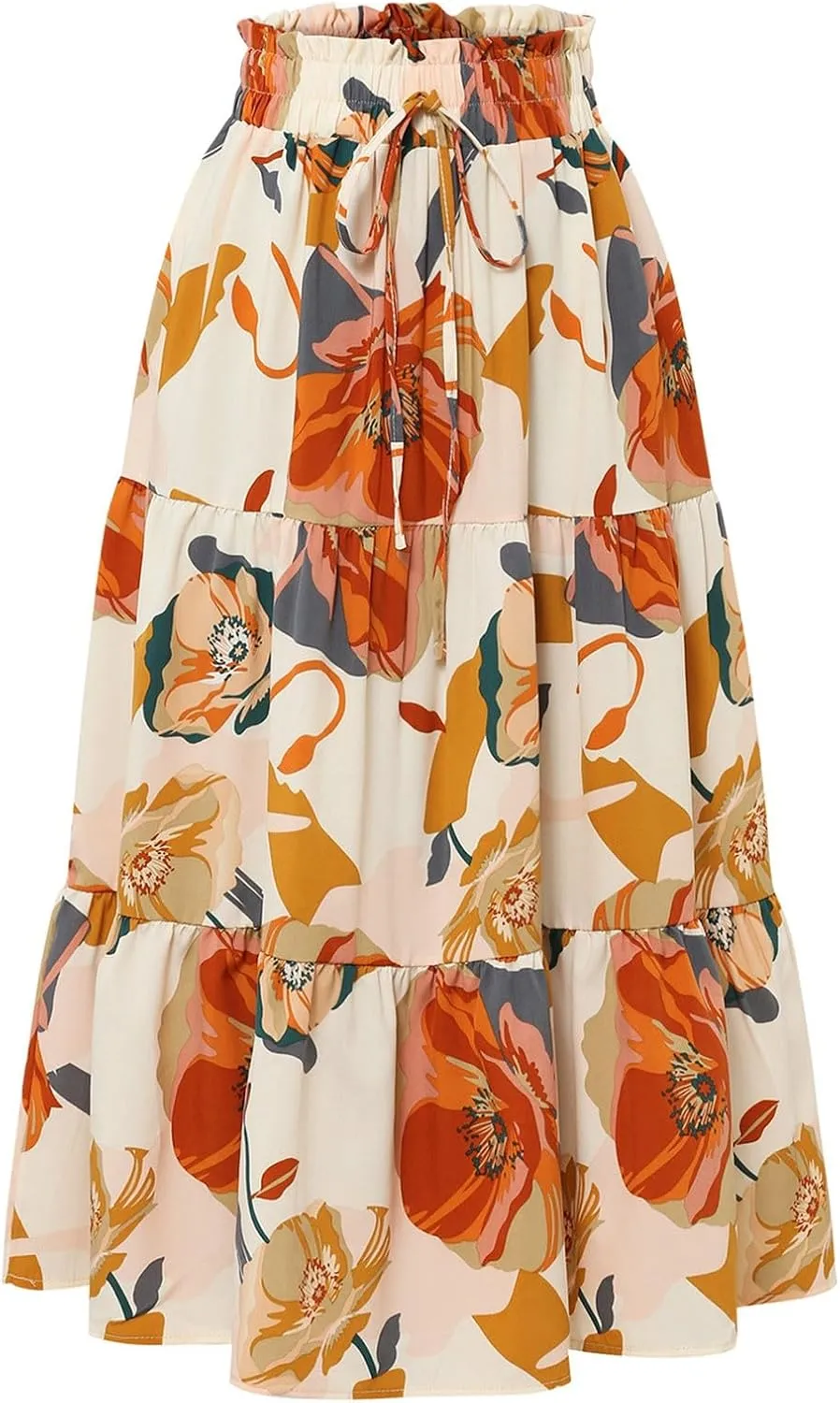Floral Midi Skirts for Women Summer Boho High Waisted Tiered Skirt 2025 Beach Stretchy Flowy Swing Skirt with Drawstring