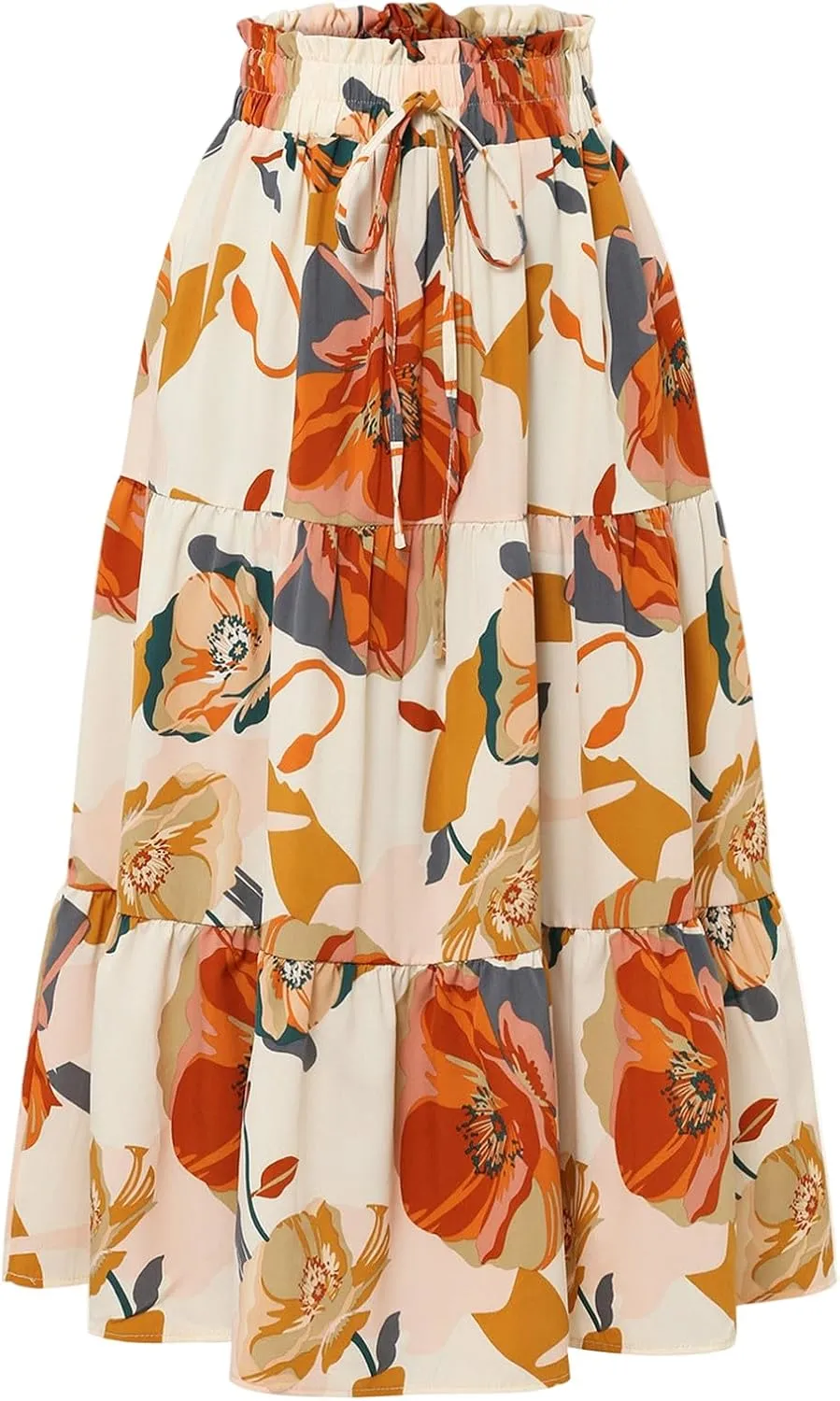 Floral Midi Skirts for Women Summer Boho High Waisted Tiered Skirt 2025 Beach Stretchy Flowy Swing Skirt with Drawstring