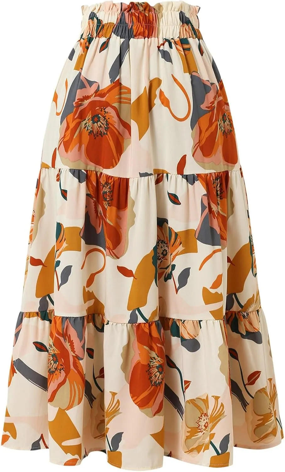 Floral Midi Skirts for Women Summer Boho High Waisted Tiered Skirt 2025 Beach Stretchy Flowy Swing Skirt with Drawstring