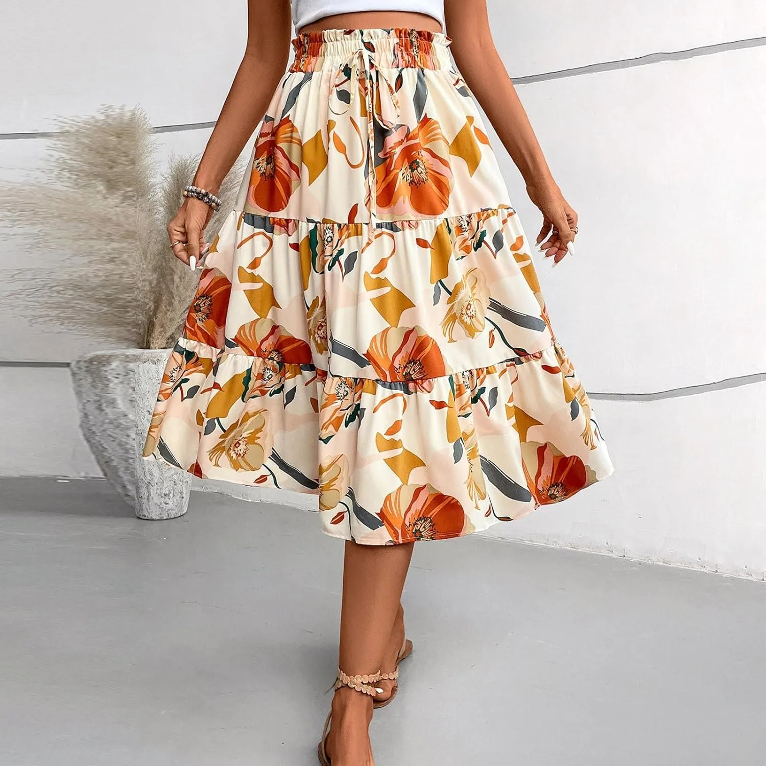Floral Midi Skirts for Women Summer Boho High Waisted Tiered Skirt 2025 Beach Stretchy Flowy Swing Skirt with Drawstring
