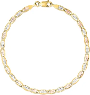 Floreo 10k Tri-Color Gold 2.5mm Valentino Link Chain Bracelet or Anklet