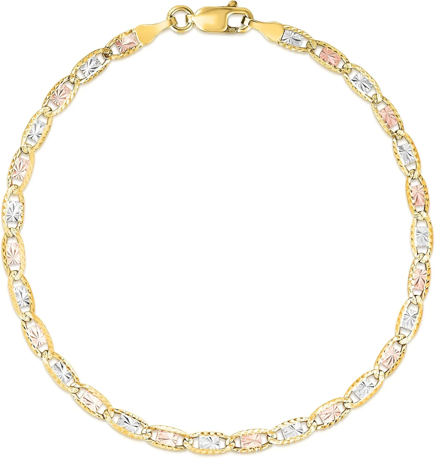 Floreo 10k Tri-Color Gold 2.5mm Valentino Link Chain Bracelet or Anklet