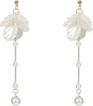 Flower Earrings for Women Elegant Shell shaped white petal tassel Spring Dangle Drop earrings Charm Post Long Fringe Pearl Pendant Petal Stud Bride Wedding Jewelry Gifts