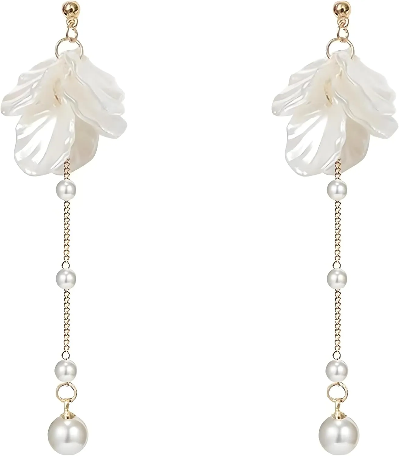 Flower Earrings for Women Elegant Shell shaped white petal tassel Spring Dangle Drop earrings Charm Post Long Fringe Pearl Pendant Petal Stud Bride Wedding Jewelry Gifts
