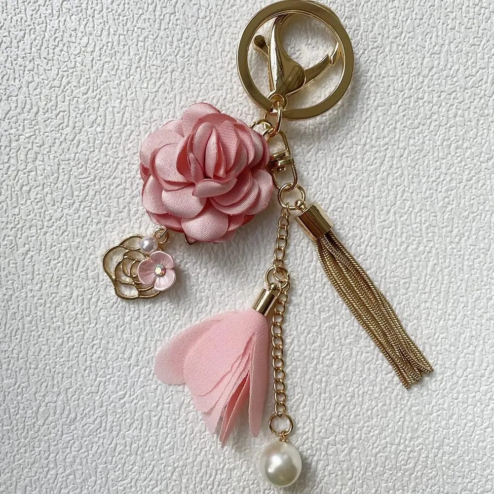 Flower Keychain Rhinestone Tassel Leaf Key Ring Women Wallet Bag Pendant Charms