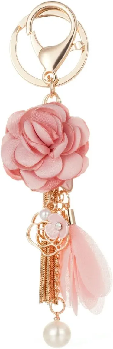 Flower Keychain Rhinestone Tassel Leaf Key Ring Women Wallet Bag Pendant Charms