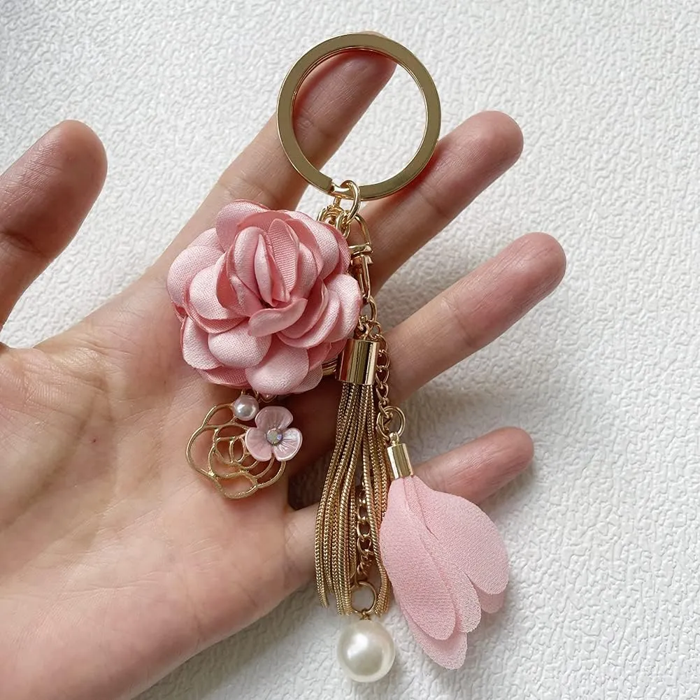 Flower Keychain Rhinestone Tassel Leaf Key Ring Women Wallet Bag Pendant Charms