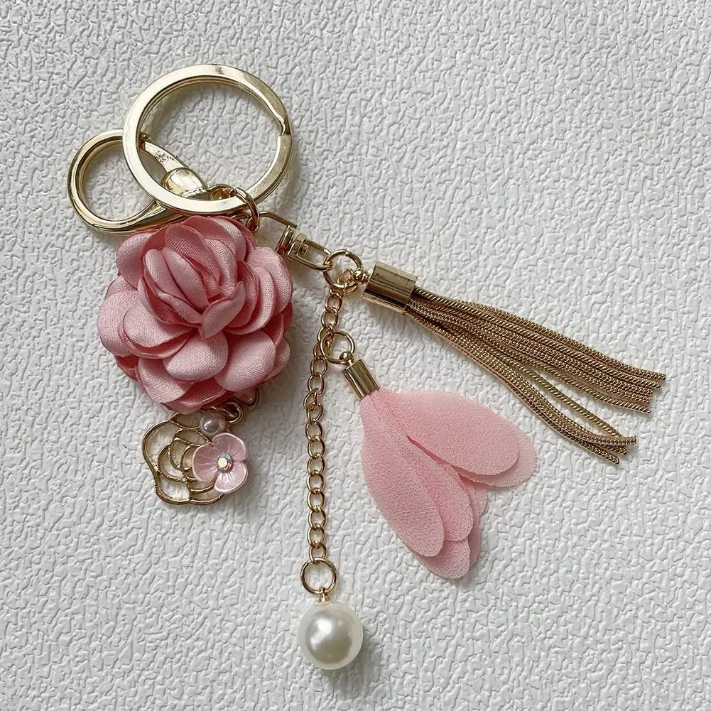 Flower Keychain Rhinestone Tassel Leaf Key Ring Women Wallet Bag Pendant Charms