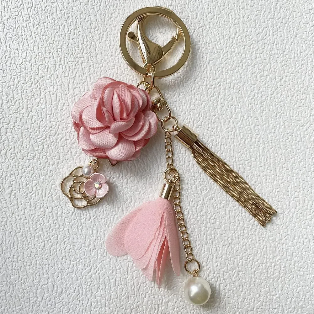 Flower Keychain Rhinestone Tassel Leaf Key Ring Women Wallet Bag Pendant Charms