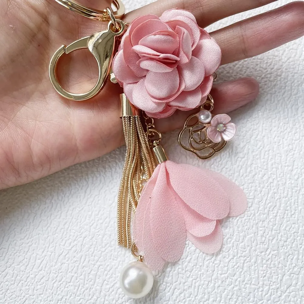 Flower Keychain Rhinestone Tassel Leaf Key Ring Women Wallet Bag Pendant Charms
