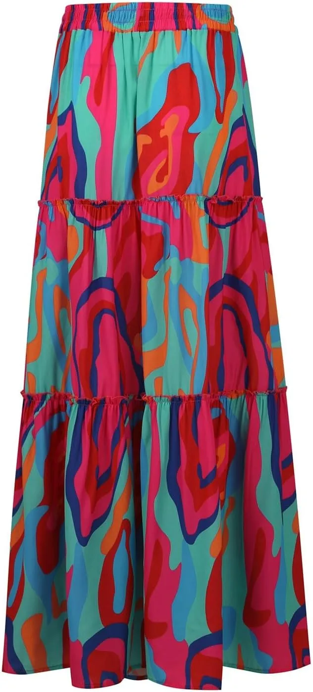 Flowy Tiered Maxi Skirts for Women 2025 Trendy Summer Vacation Boho Long Floral Skirt Elastic Drawstring A Line Skirt