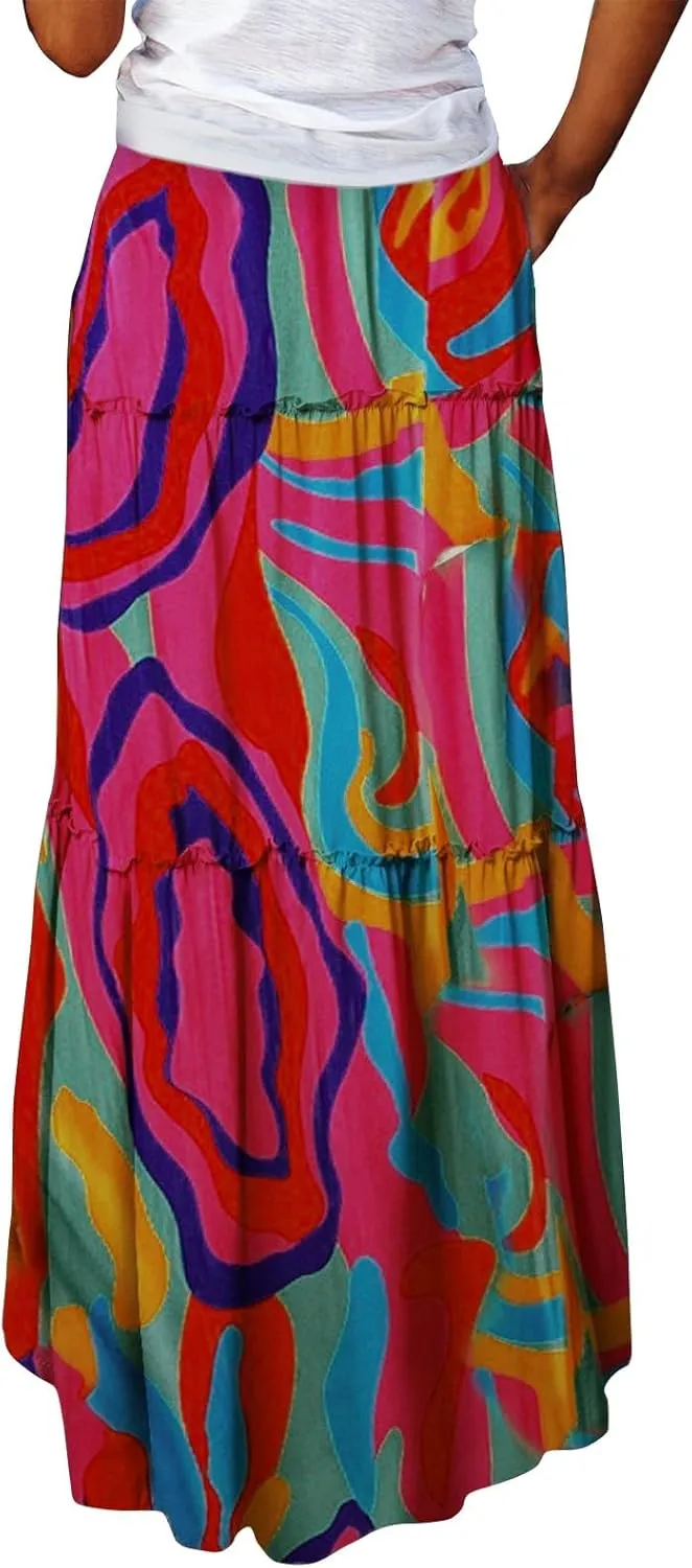 Flowy Tiered Maxi Skirts for Women 2025 Trendy Summer Vacation Boho Long Floral Skirt Elastic Drawstring A Line Skirt