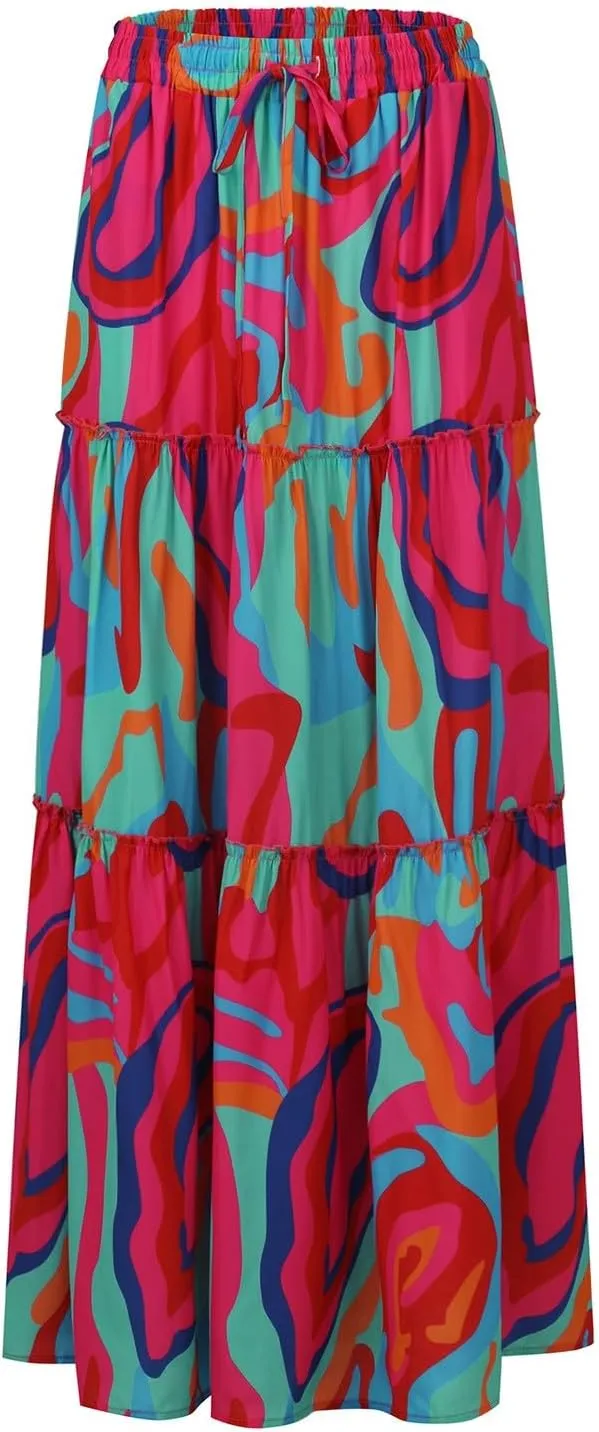 Flowy Tiered Maxi Skirts for Women 2025 Trendy Summer Vacation Boho Long Floral Skirt Elastic Drawstring A Line Skirt