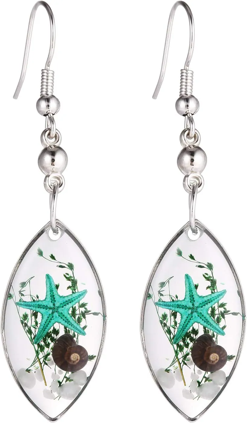 FM FM42 Silver-tone Starfish Seashell Pressed Flower Small Heart Marquise Drop Dangle Hook Earrings