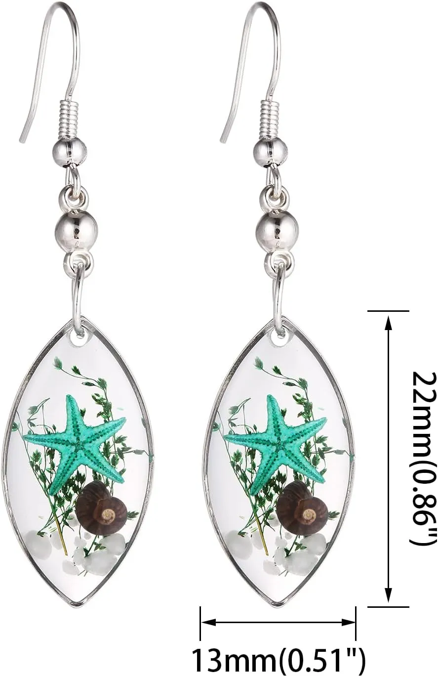 FM FM42 Silver-tone Starfish Seashell Pressed Flower Small Heart Marquise Drop Dangle Hook Earrings