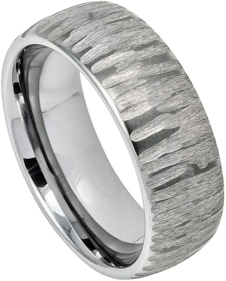 Free Personalized Laser Engraving Ring for Men and Ring for Women Tungsten Band Rings 8mm Semi Domed Ring with Tree Bark Car ved Textured Finish Wedding Band Ring Ideal Rings for Couples
