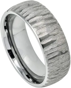 Free Personalized Laser Engraving Ring for Men and Ring for Women Tungsten Band Rings 8mm Semi Domed Ring with Tree Bark Car ved Textured Finish Wedding Band Ring Ideal Rings for Couples