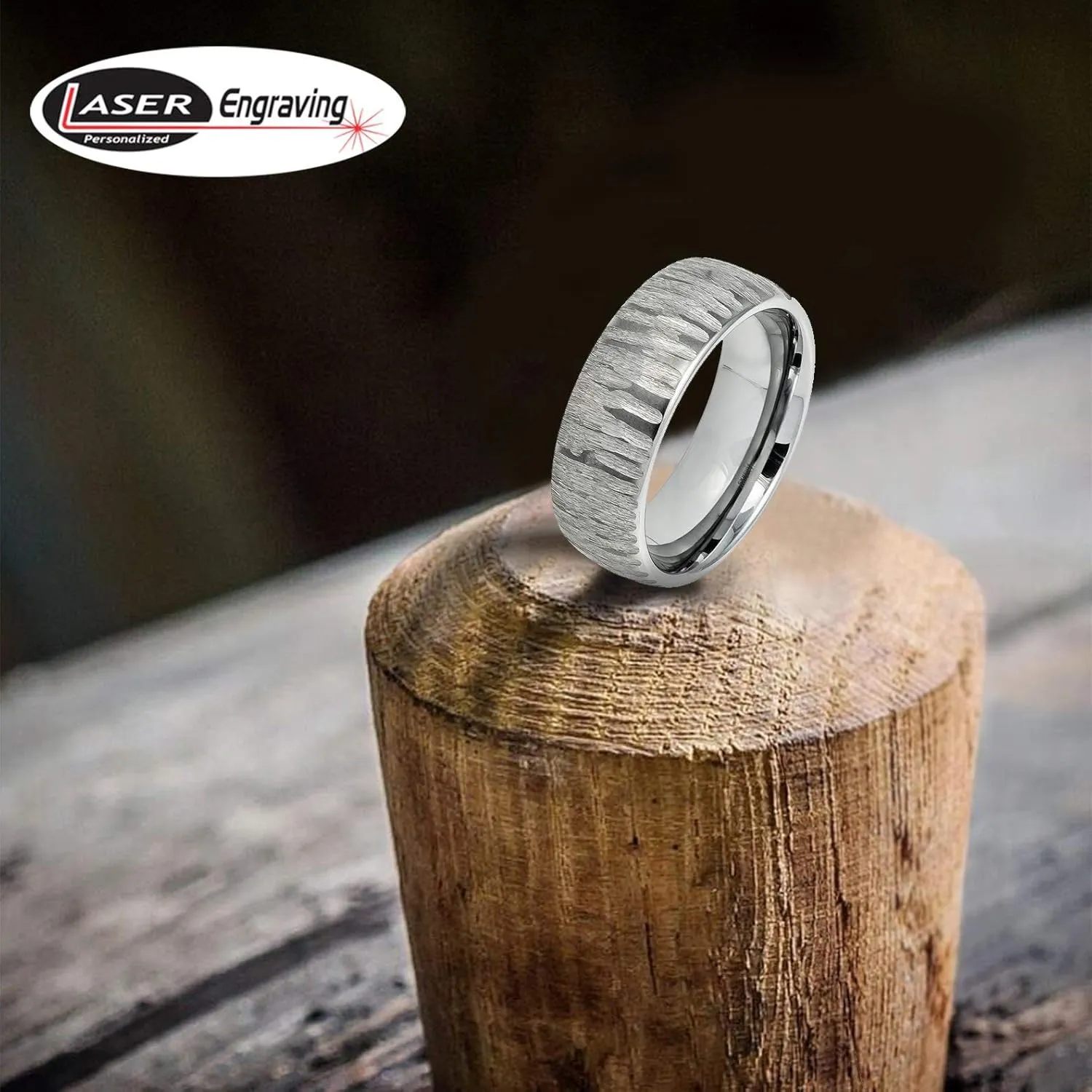 Free Personalized Laser Engraving Ring for Men and Ring for Women Tungsten Band Rings 8mm Semi Domed Ring with Tree Bark Car ved Textured Finish Wedding Band Ring Ideal Rings for Couples