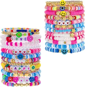Friendship Bracelets Set Colorful White Gold Smile Heart Star Evil Eye Beaded Polymer Clay Stackable Layering Bracelets Surfer Stretch Bracelets for Women