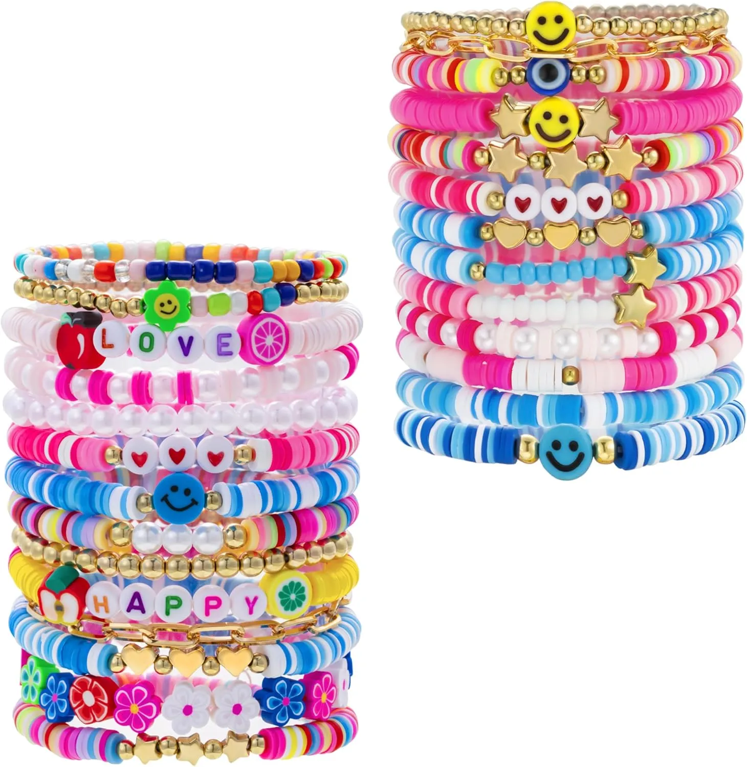 Friendship Bracelets Set Colorful White Gold Smile Heart Star Evil Eye Beaded Polymer Clay Stackable Layering Bracelets Surfer Stretch Bracelets for Women