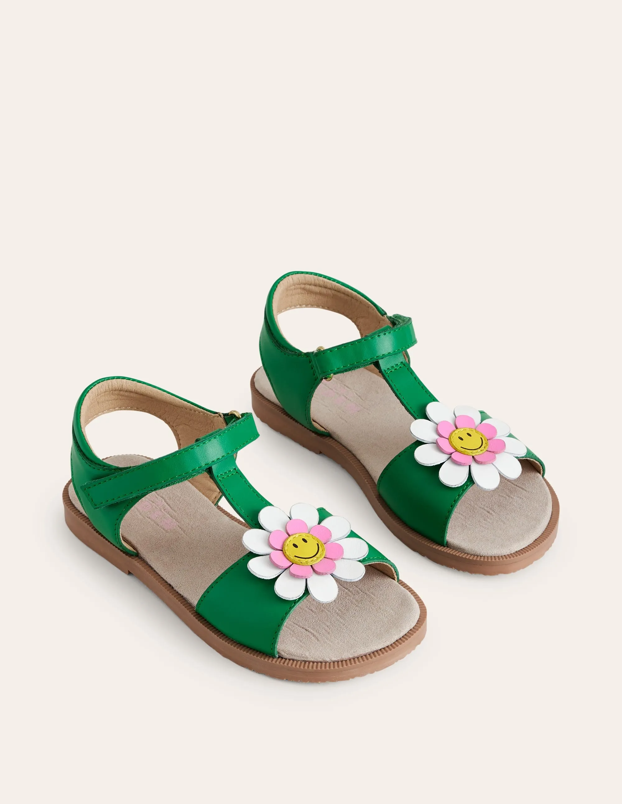 Fun Leather Sandals-Green Smiley Flower