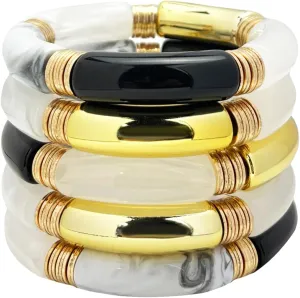 FUNOJOY Summer Bangles Bracelets for Women Chunky Curved Stackable Bracelets Acrylic Beaded Stretch Bracelets for Teen Girls Gift