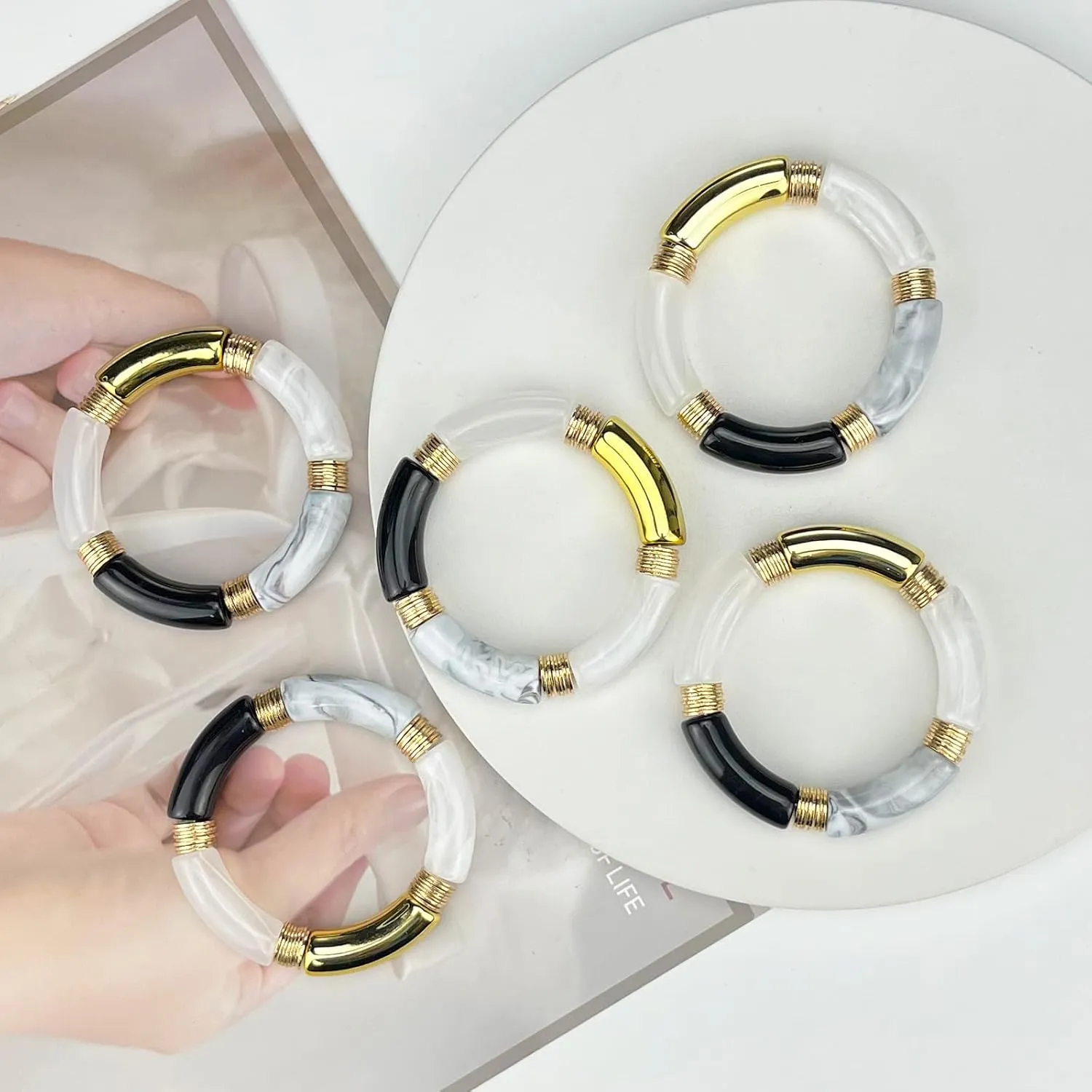 FUNOJOY Summer Bangles Bracelets for Women Chunky Curved Stackable Bracelets Acrylic Beaded Stretch Bracelets for Teen Girls Gift