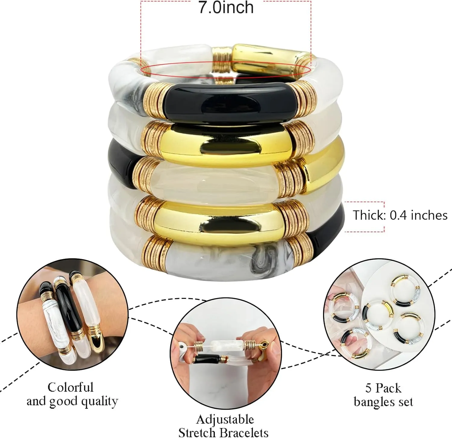 FUNOJOY Summer Bangles Bracelets for Women Chunky Curved Stackable Bracelets Acrylic Beaded Stretch Bracelets for Teen Girls Gift