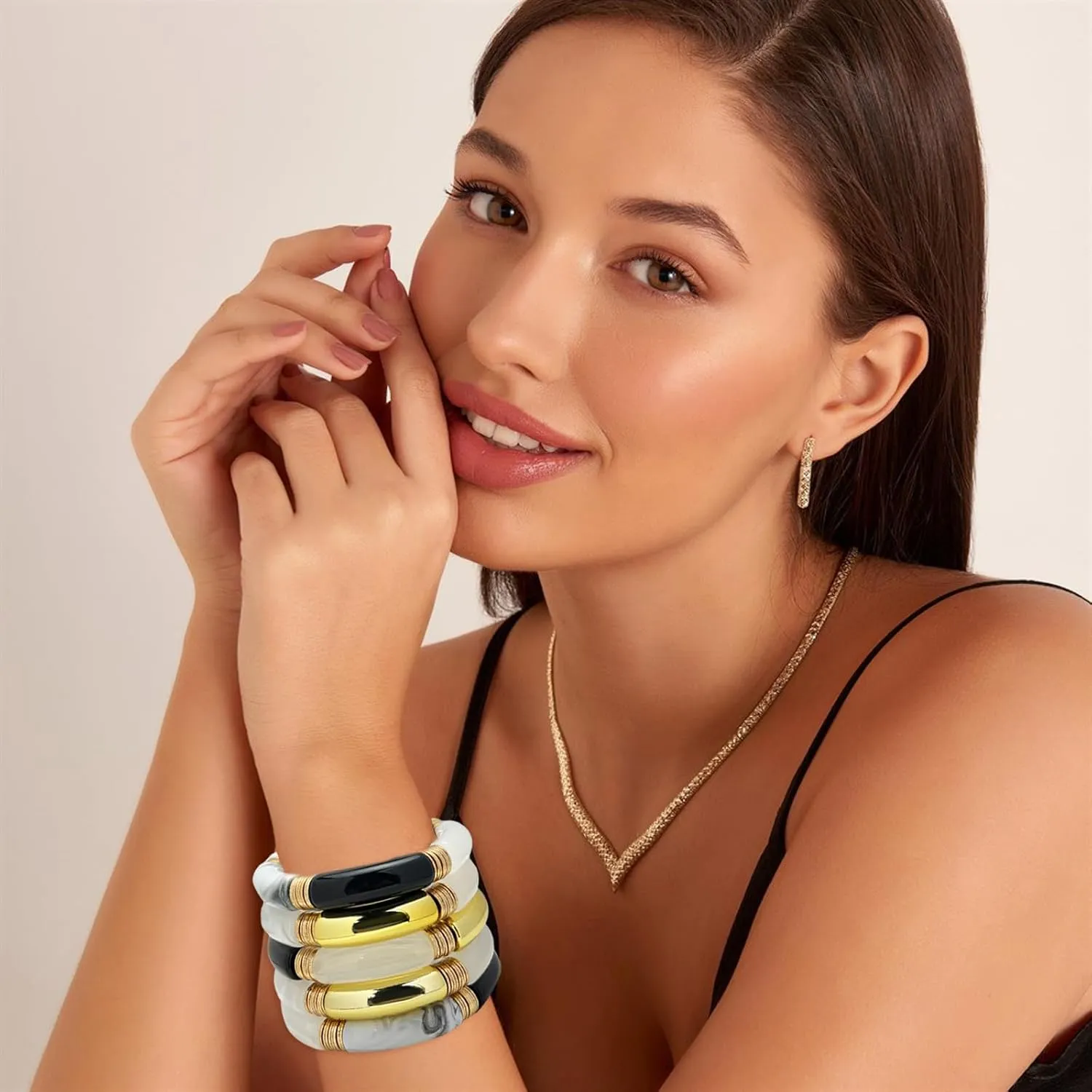 FUNOJOY Summer Bangles Bracelets for Women Chunky Curved Stackable Bracelets Acrylic Beaded Stretch Bracelets for Teen Girls Gift