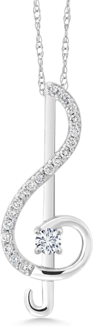 Gem Stone King 10K Gold 3MM Round Gemstone Birthstone and White Lab Grown Diamond Treble Clef Pendant Necklace Music Note Jewelry Gift For Women By Keren Hanan