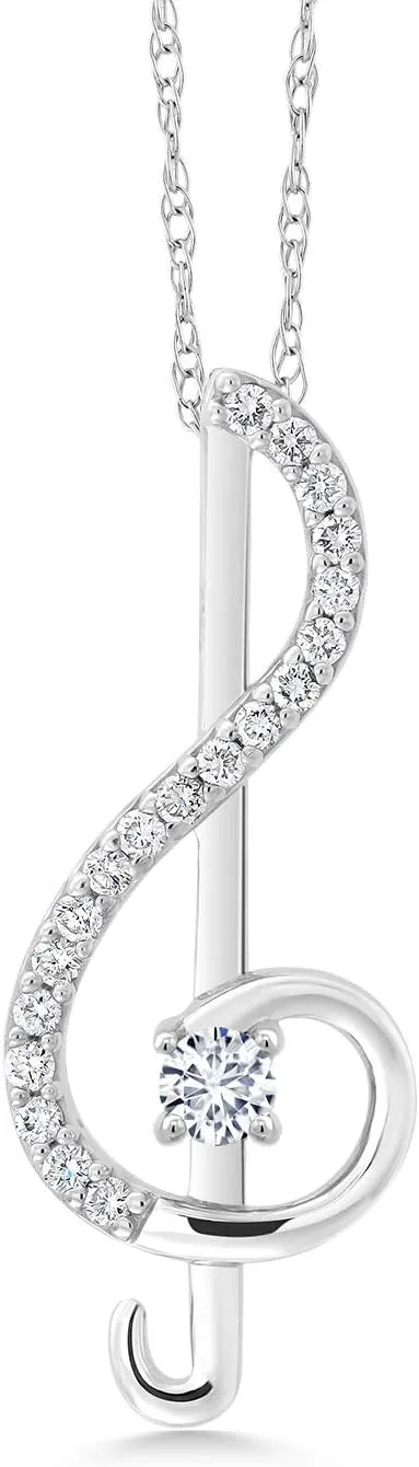 Gem Stone King 10K Gold 3MM Round Gemstone Birthstone and White Lab Grown Diamond Treble Clef Pendant Necklace Music Note Jewelry Gift For Women By Keren Hanan