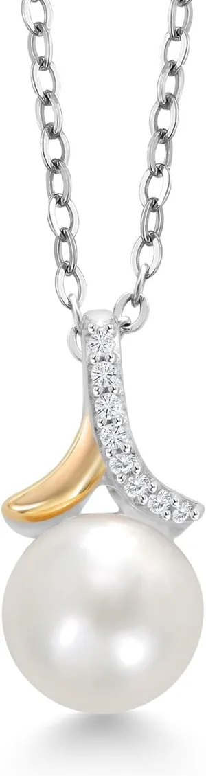 Gem Stone King 10K Yellow Gold and 925 Sterling Silver Cultured Freshwater Pearl and Lab Grown Diamond Pendant Necklace For Women (6.5MM Pearl and 18 Inch Chain)