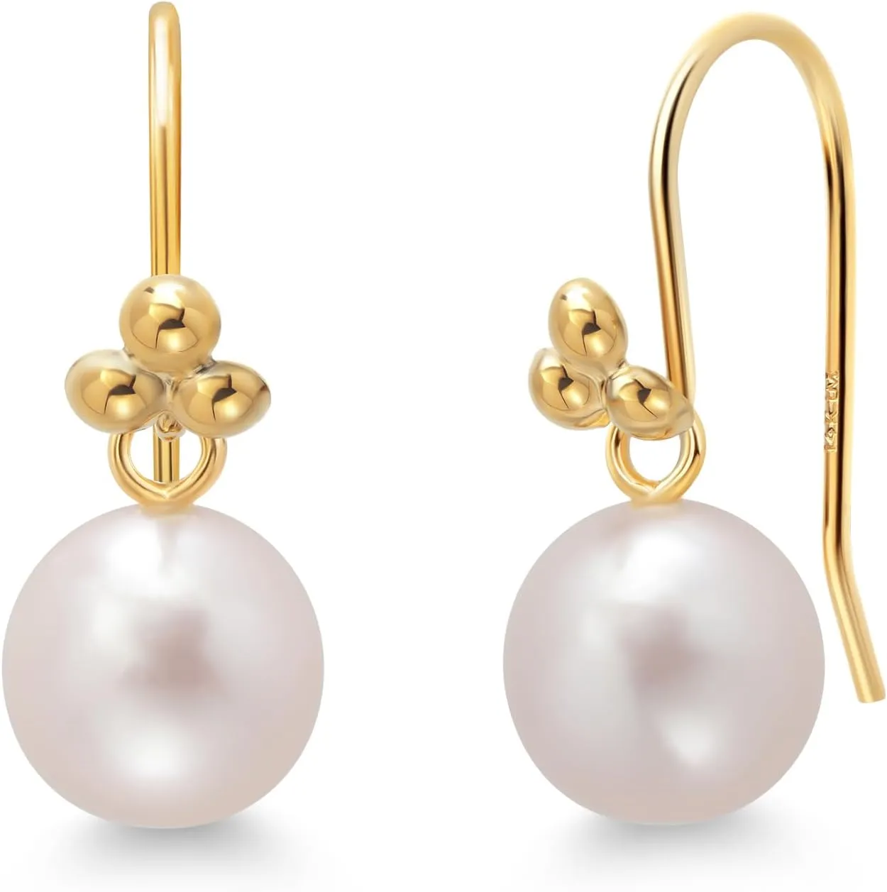 Gem Stone King 14K Yellow Gold Frenchwire Dangling 7MM White Round Shape Cultured Freshwater Pearl Earrings For Women | Fine Jewelry Gifts for Her Mom Women Wife