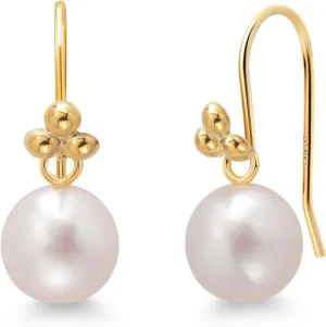 Gem Stone King 14K Yellow Gold Frenchwire Dangling 7MM White Round Shape Cultured Freshwater Pearl Earrings For Women | Fine Jewelry Gifts for Her Mom Women Wife