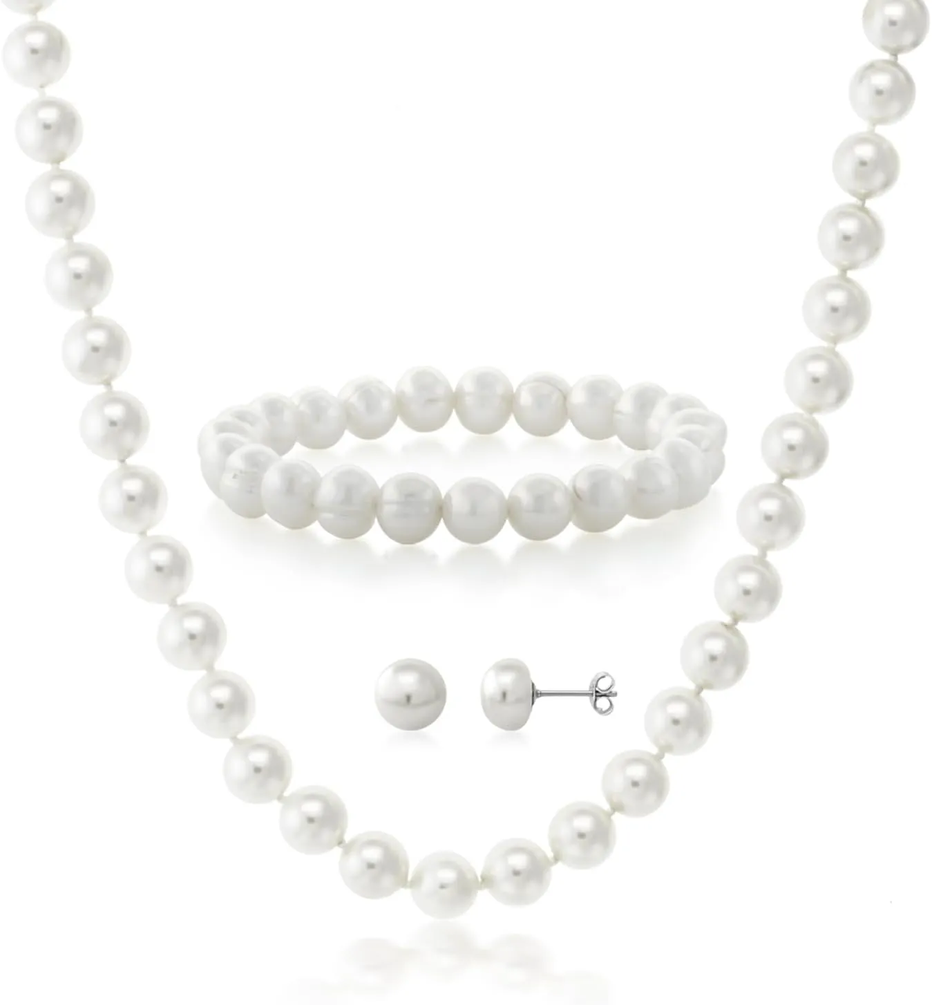 Gem Stone King Cultured Freshwater White Pearl Necklace Earrings and Bracelet Jewelry Set For Women | 925 Sterling Silver | Perfect Bridal Gift | Fine Jewelry Gifts for Her Mom Women Wife