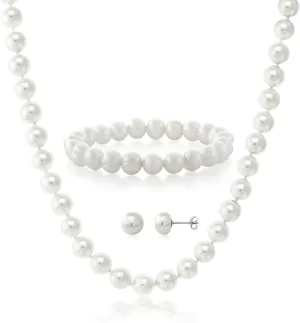 Gem Stone King Cultured Freshwater White Pearl Necklace Earrings and Bracelet Jewelry Set For Women | 925 Sterling Silver | Perfect Bridal Gift | Fine Jewelry Gifts for Her Mom Women Wife
