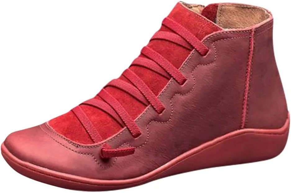 Gibobby Ankle Booties for Women No Heel,Platform Boots Cowboy Boots Lace Up Retro Boots Side Zipper Booties Casual Boots