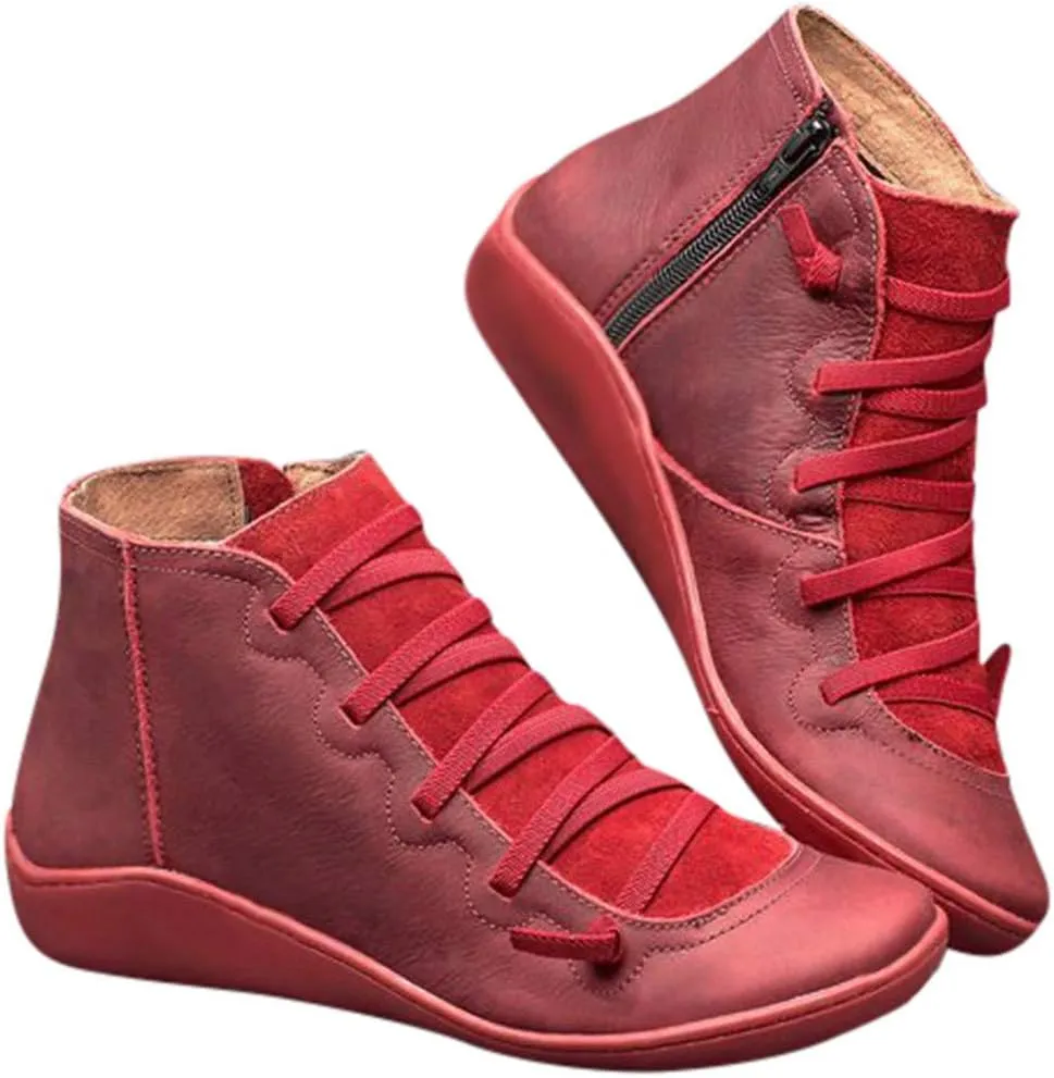 Gibobby Ankle Booties for Women No Heel,Platform Boots Cowboy Boots Lace Up Retro Boots Side Zipper Booties Casual Boots