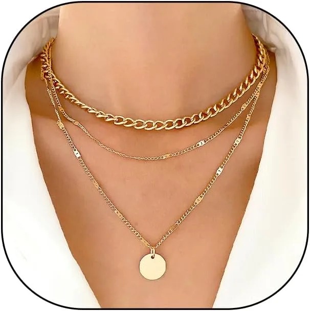GIGB PBDK 3pcs Gold Plated Layered Necklaces for Women,Dainty Heart Round Pendant Stackable Cuban Link Twisted Chain Choker Necklaces,Trendy Boho Jewelry Gifts