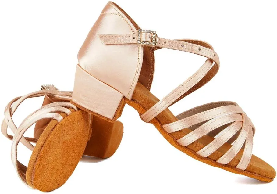 Girls Latin Dance Shoes Satin Professional Ballroom Salsa Dance Practice Performance Shoes(Little/Big Kid),Model 202